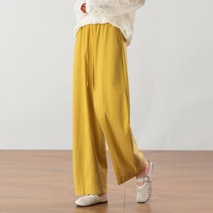 慵懒风天丝棉麻弯刀阔腿裤女2026春夏新款黄色宽松直筒遛弯休闲裤