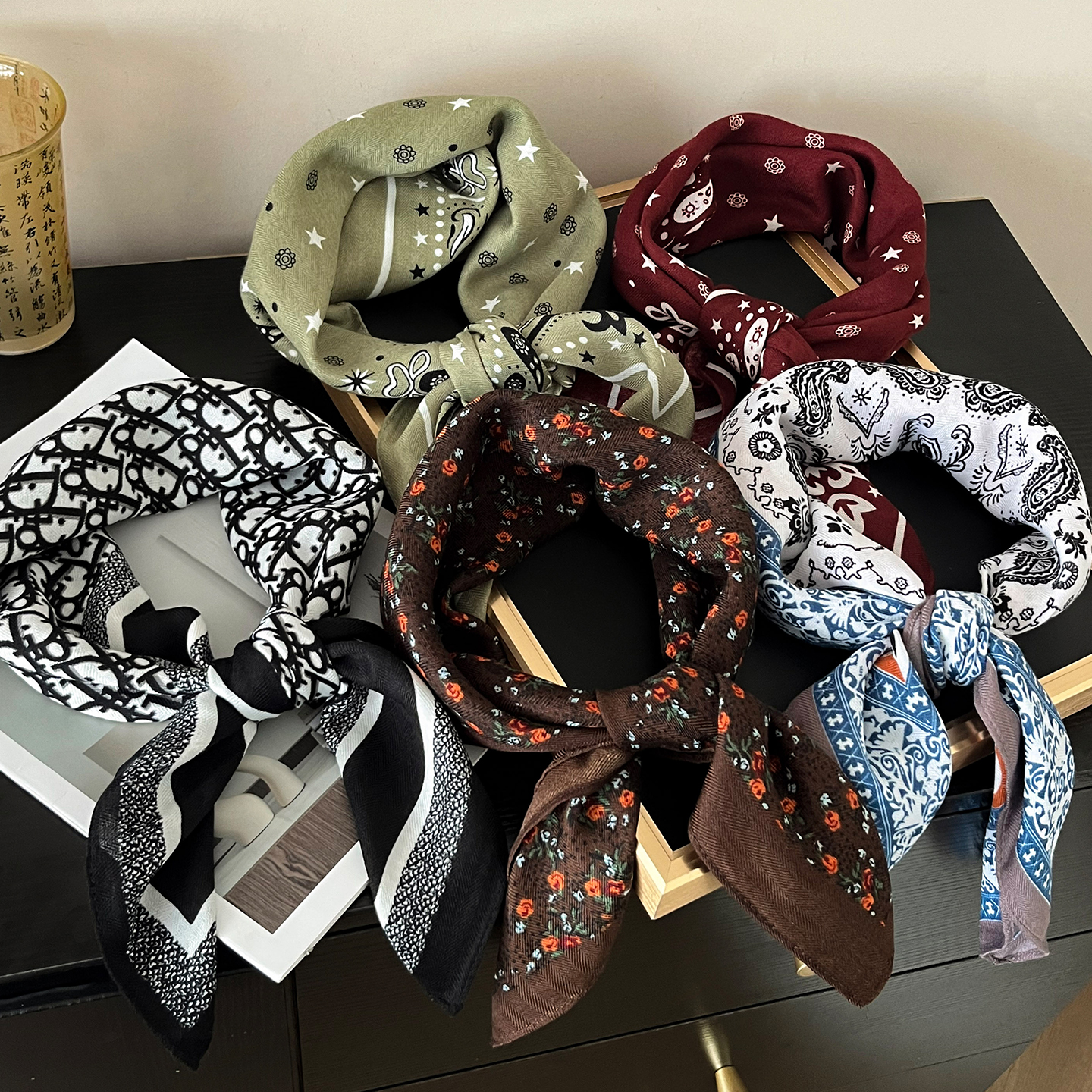 美拉德复古印花包头丝巾头巾