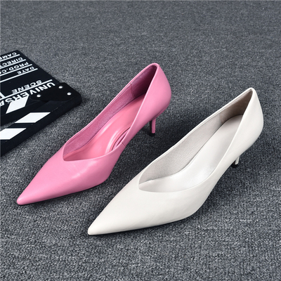 网红2025秋季全真皮欧洲尖头女式高跟鞋白色性感优雅软皮鞋