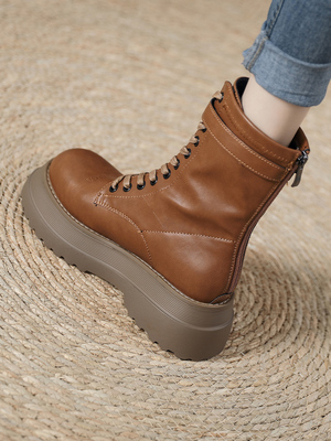 网红覆古真皮牛皮马丁靴女2025年秋冬新款加绒靴子棕色松糕厚底潮