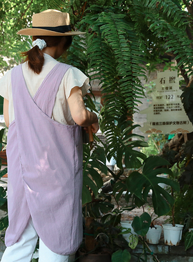 韩式围裙厨房家用女高颜值棉交叉背带免系带夏天薄款上班专用罩衣