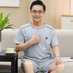 全棉纯棉睡衣男士夏天纯棉短袖短裤套头薄款爸爸夏季凉爽休闲家居