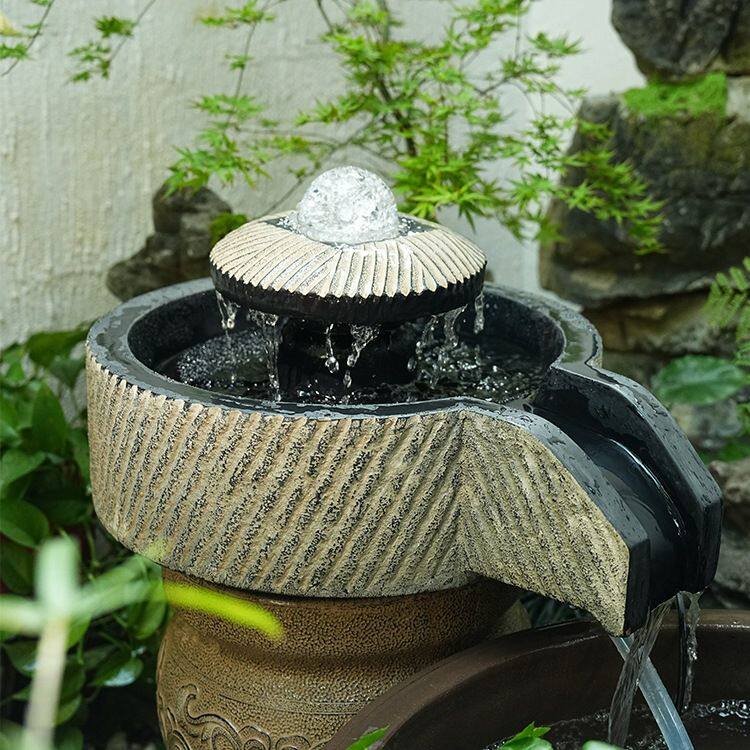 户外人造石石磨流水摆件循环水造景石磨磨盘室外花园假山景观鱼缸
