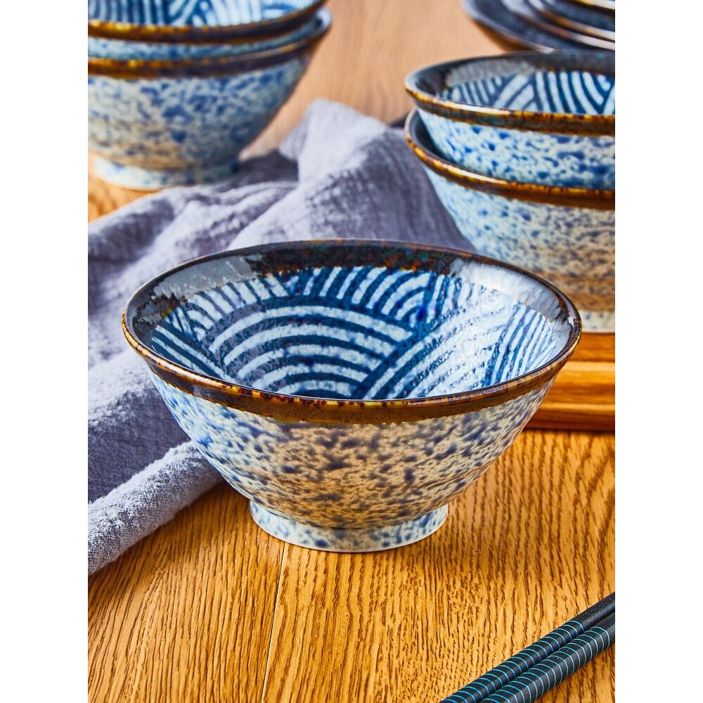 [陶瓷王]日本进口美浓烧青海波纹釉下复古饭碗面碗汤碗餐具磨砂