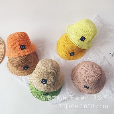 帽笑脸儿童防晒遮阳出游沙滩简约可爱海边太阳帽盆帽韩版沙滩帽