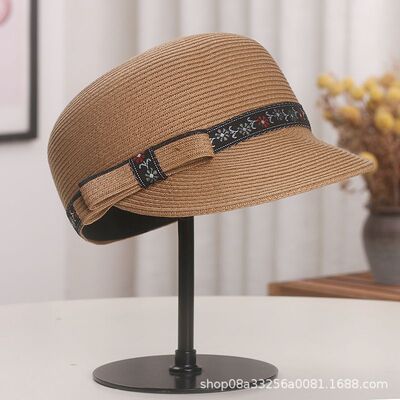 夏天平顶小礼帽女复古风遮阳防晒沙滩度假宽檐草帽波西米亚民族风