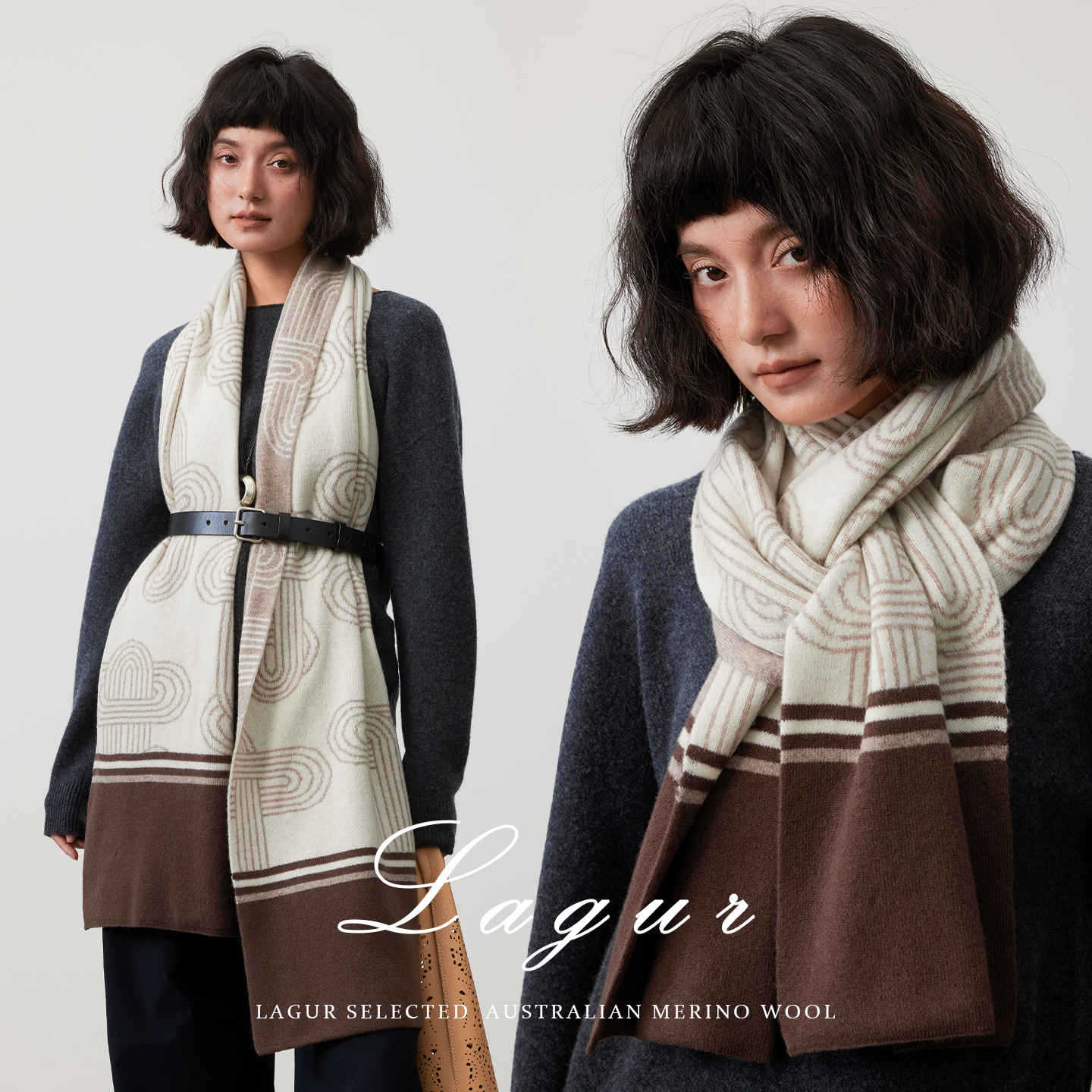 Lagur＜走秀款锁链纹＞经典100%美利奴羊毛围巾女冬季加厚高级感