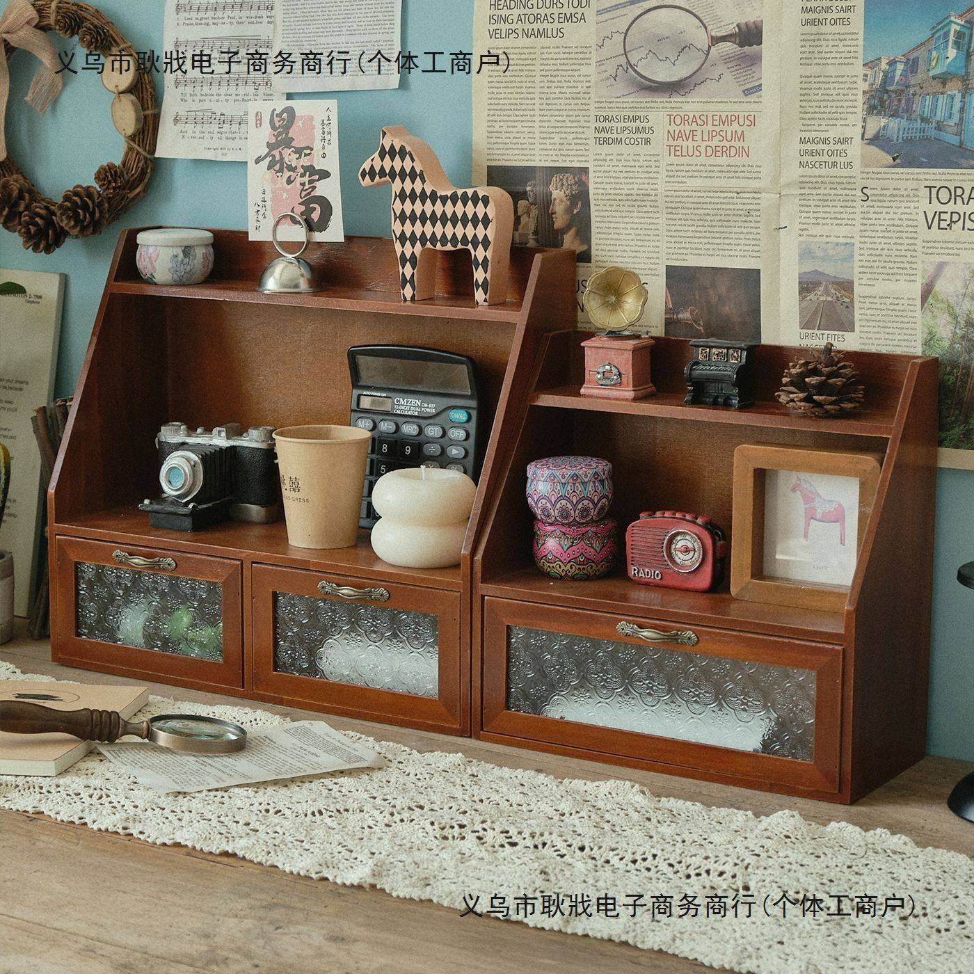 复古多层实木收纳盒|zakka风格桌面置物架多功能收纳带抽屉办公室,收纳整理,桌面收纳盒,淘宝优惠券,粉丝福利购,淘宝优惠卷