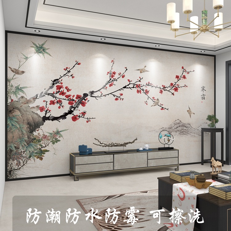 墙纸3d立体中式梅花电视背景墙壁纸客厅花鸟壁布装饰墙布壁画