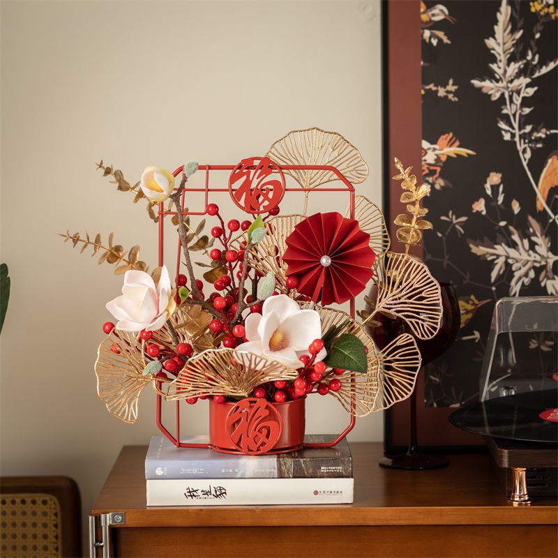 中式年宵花新年过年摆件装饰餐桌福字客厅假花仿真花发财果乔迁