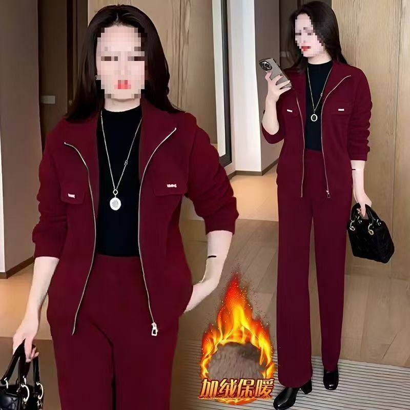 加绒保暖休闲运动服套装女2025秋冬季新款韩版中老年妈妈装两件套