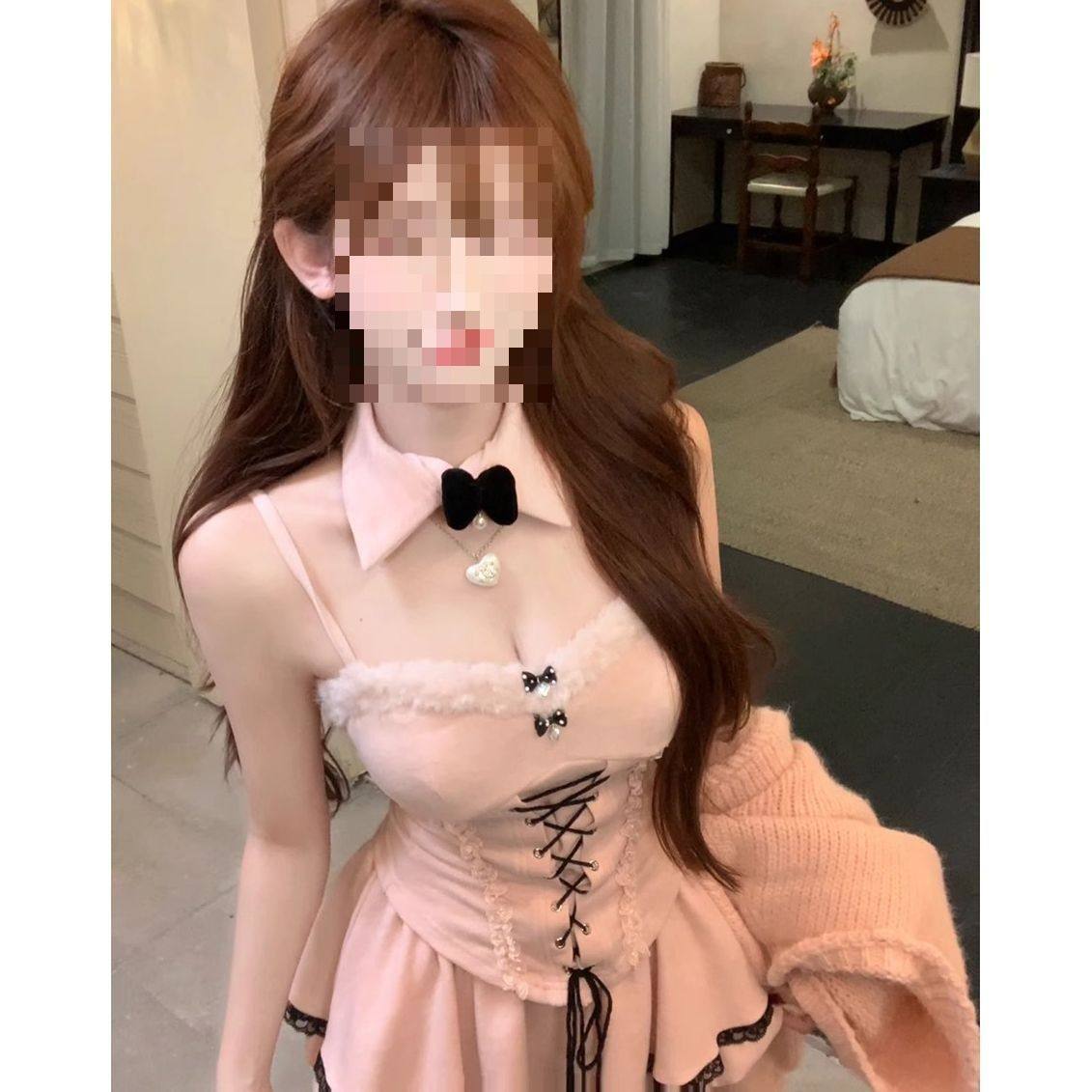 秋季新款法式气质甜美欲风修身绑带吊带上衣短裙套装