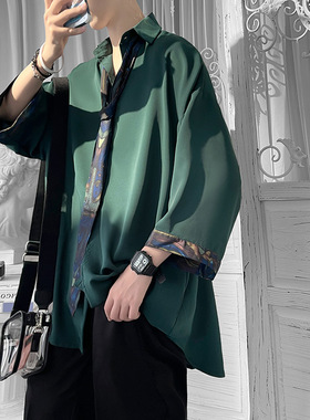 墨绿色七分袖衬衫男夏季高级感设计小众痞帅短袖衬衣DK领带制服
