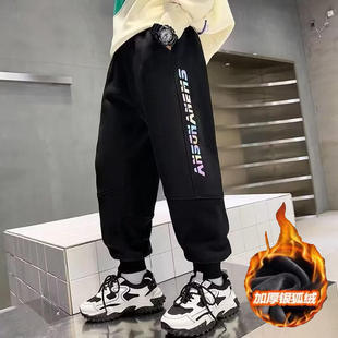 男童冬季加绒裤中大童冬装银狐绒运动裤子儿童洋气一体绒加厚长裤
