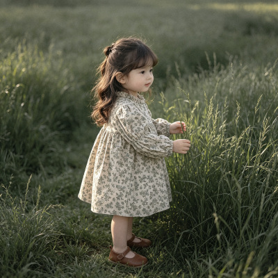 2026春款女童连衣裙幼童复古碎花花苞领纯棉公主裙淑女长裙