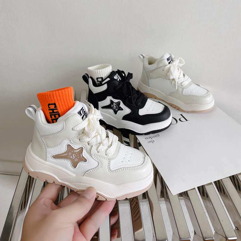 童鞋春秋新款拼色女童加绒板鞋男童篮球鞋百搭中筒儿童运动鞋