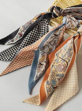英伦复古印花长条仿真丝细窄长条小丝巾春夏薄款优雅碎花飘带