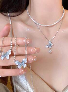 冰晶渐变色珍珠蝴蝶流苏项链女夏