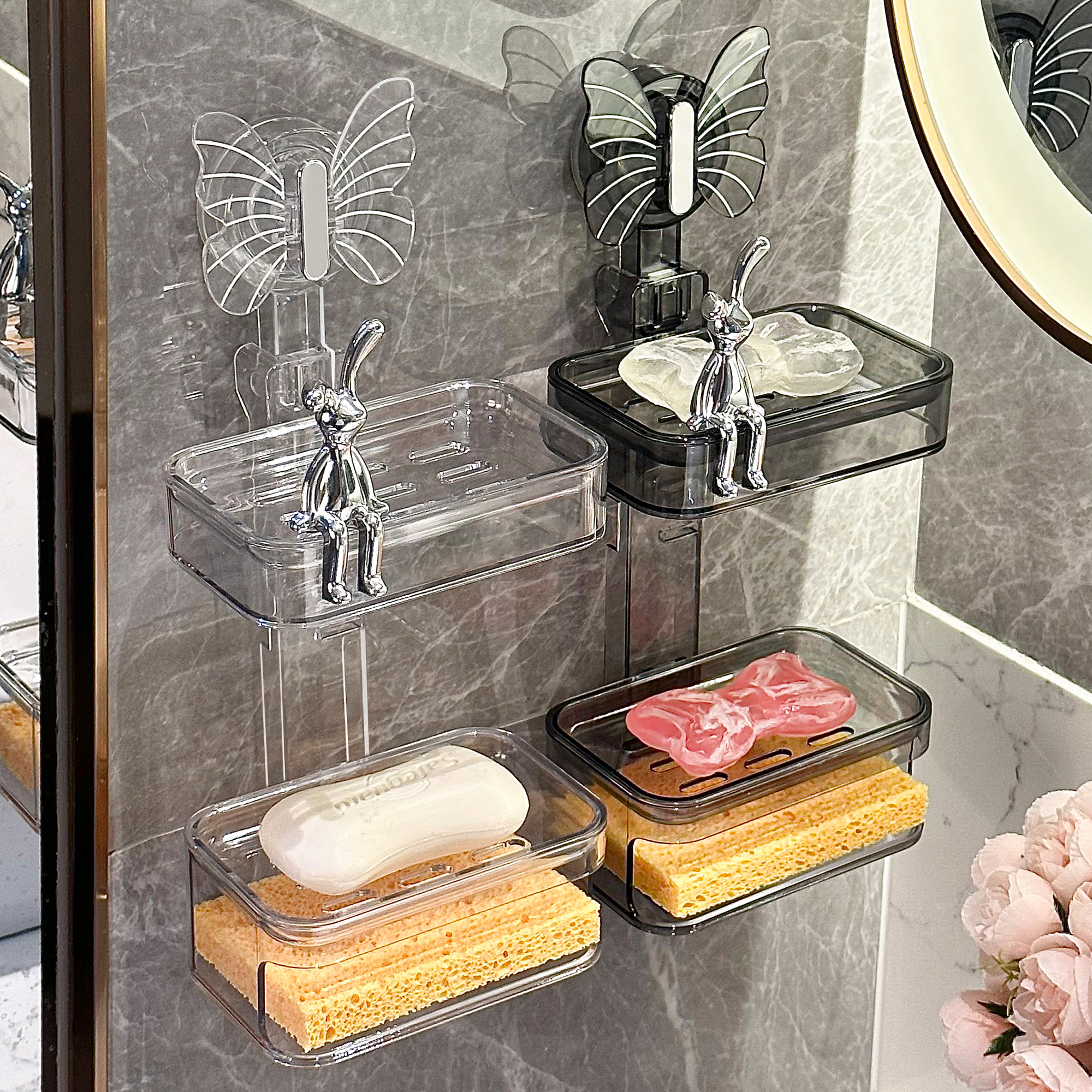 蝴蝶吸盘肥皂盒壁挂式免打孔浴室家用双层香皂沥水盒子墙上置物架