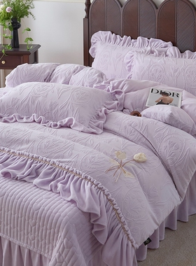 秋冬保暖雕花牛奶绒床盖款四件套2025加厚夹棉床单床裙双面绒被套