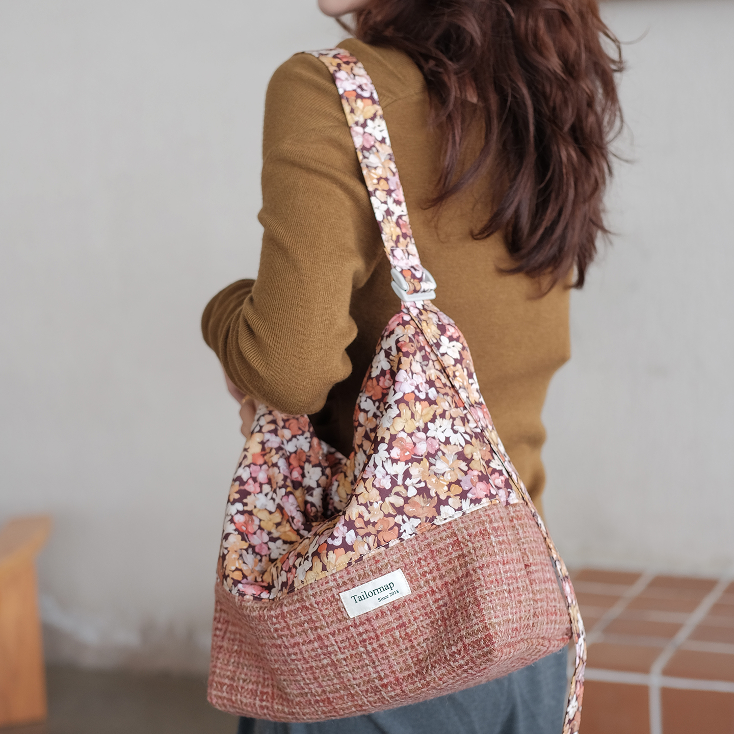 harris tweed哈里斯粗花呢秋冬单肩斜挎包碎花拼接hobo流浪包