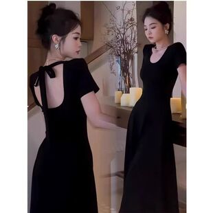 法式复古赫本风黑色露背连衣裙女夏季高级感气质收腰显瘦a字长裙
