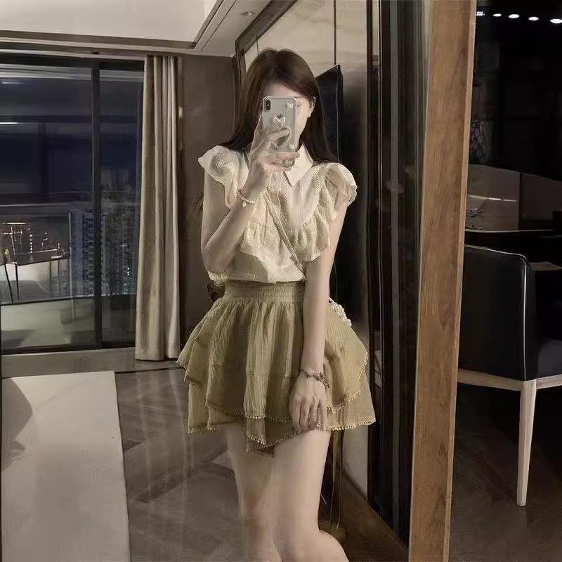 甜美小个子套装飞飞袖衬衫女夏季荷叶边短袖蓬蓬半身裙洋气两件套