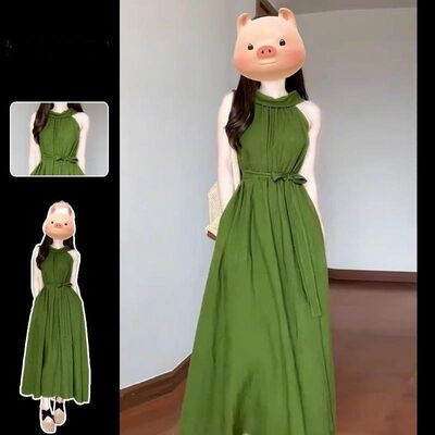 2024夏季法式温柔风挂脖连衣裙气质收腰系带长裙子显白绿色无袖裙