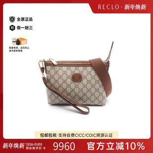 中古Gucci古驰女包S级99新2WAY两用款 防水帆布斜挎包浅褐色 涂层