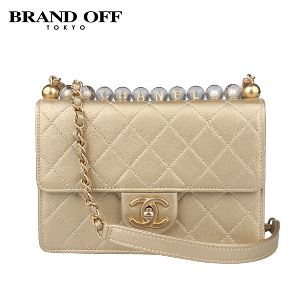 「9.0新」CHANEL(香奈儿)透明珍珠LOGO口盖包香槟金山羊皮斜挎包