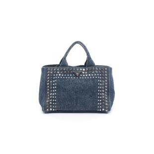 中古Prada普拉达女包B级9新Canapa Tote沙滩包牛仔布手提包蓝色