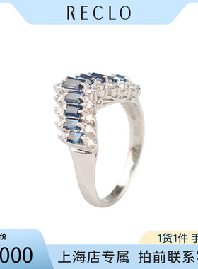 中古「95新」日本进口V型长方形切工蓝宝石钻石戒指铂金90052号