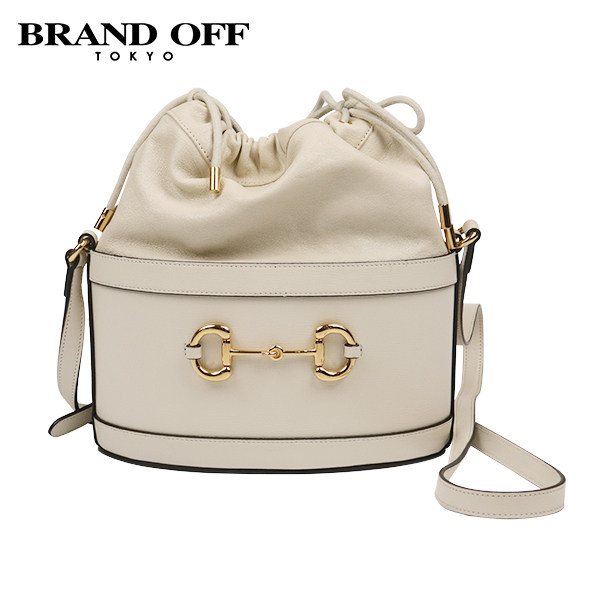 「9.0新」GUCCI(古驰)1955马衔扣水桶包白色牛皮斜挎包602118