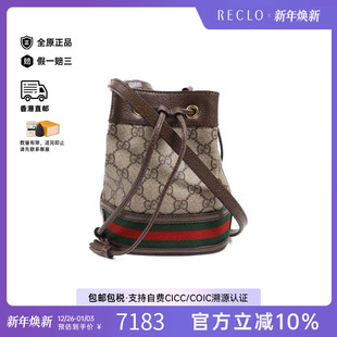 中古Gucci古驰女包A级95新Bucket菜篮子涂层 防水帆布斜挎包棕色