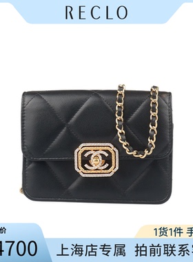 「9新」中古女包CHANEL香奈儿钻扣链条迷你口盖黑色小牛皮斜挎包