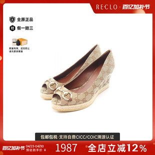 中古Gucci古驰女A级95新pumps高跟鞋帆布鞋浅褐色