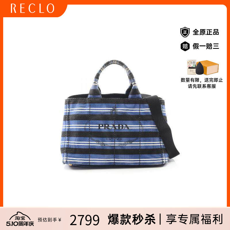 中古Prada普拉达女包B级9新2WAY两用款帆布斜挎包蓝色正品休闲