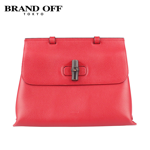 中古「9新」GUCCI(古驰)BAMBOO DAILY竹节扣肩背包红色牛皮单肩包
