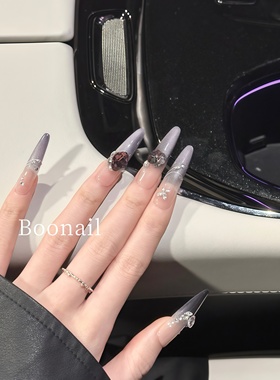 Boo紫霞仙子~紫色猫眼手工穿戴甲高级感法式k9钻轻奢美甲长款杏仁