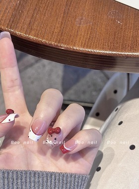 Boo红头喵~手工穿戴甲法式猫眼红色系甜美可爱蝴蝶结波点美甲短梯