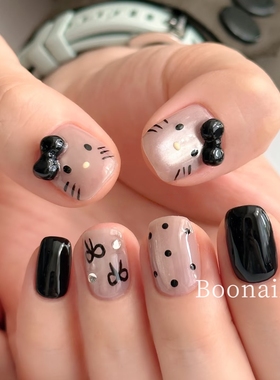 Boo黑色kitty~手工穿戴甲玻璃珠猫眼黑色可爱kt手绘波点美甲短款