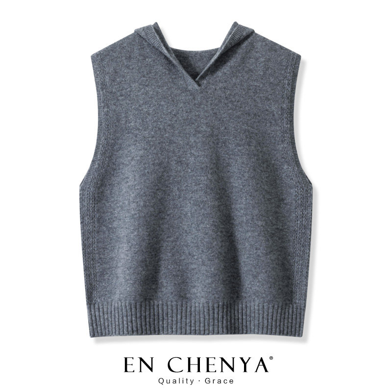 纯羊毛连帽马甲针织背心女春秋外搭叠穿2025新款百搭宽松毛衣坎肩