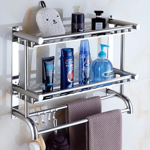 毛巾架打孔式放牙杯架壁挂不锈钢多层收纳层架挂钩浴巾架免钉置物