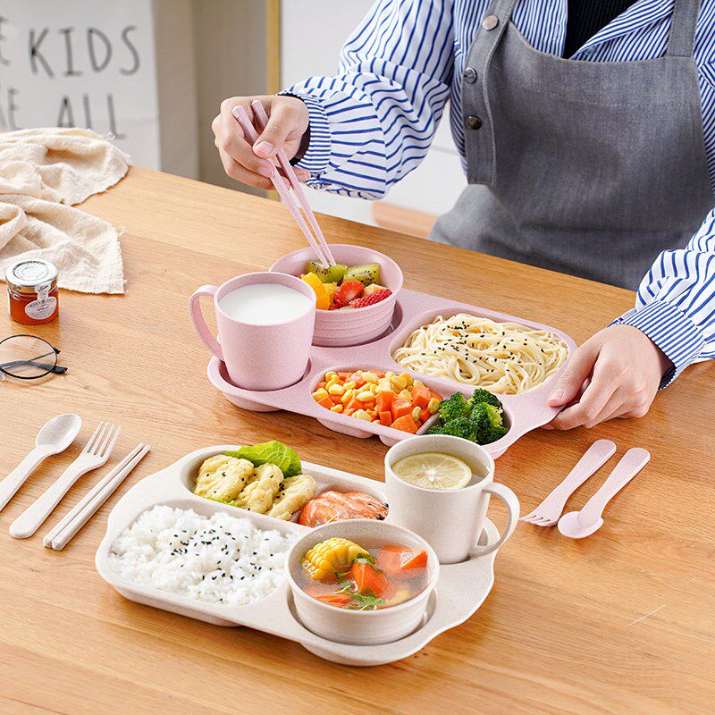 小麦秸秆餐具儿童宝宝餐盆带水杯家用分格盘早餐盘幼儿园餐具防摔