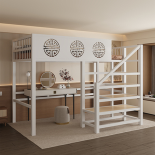 新中式复古阁楼高架床单上层小户型儿童床公寓铁架床省空间铁艺床