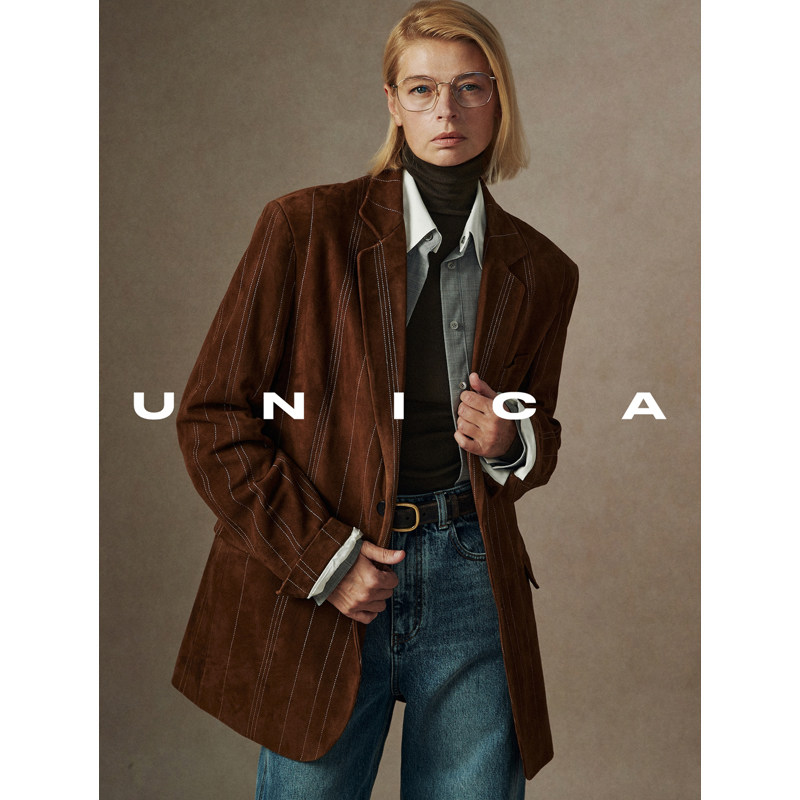UNICA/紫标西部迷情_中古VTG精致撞色绗线非洲进口羊麂皮西装外套