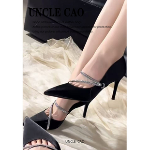【超软羊皮】黑色高跟鞋细跟高级感细闪侧空交叉带尖头单鞋小高跟