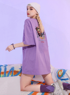 CP紫色t恤女2025夏季新款纯棉宽松短袖上衣中长款设计感小众情侣