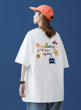 CP夏季新款白色纯棉短袖t恤女宽松初高中生百搭圆领印花女装上衣