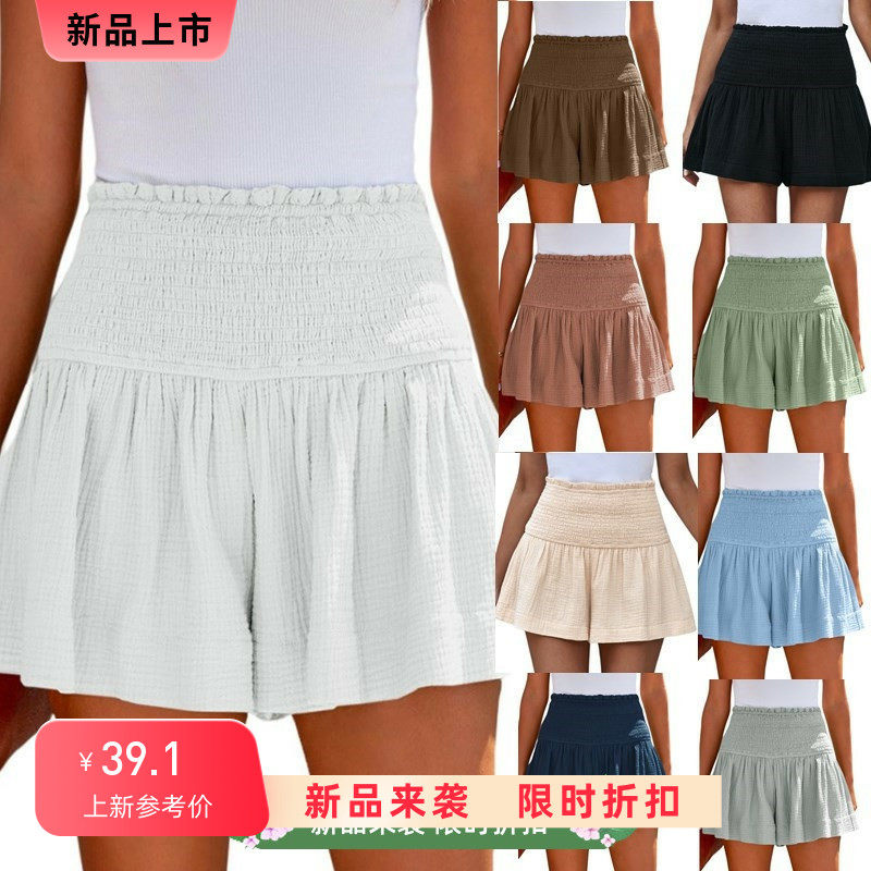 2024夏季新款抽褶高腰阔腿短裤女欧美休闲宽松裙式防走光三分裤女